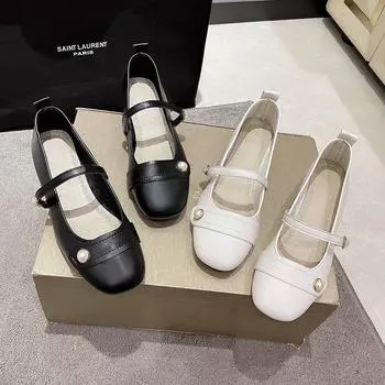 2024 autumn new casual shallow French pearl buckle Mary Jane Doudou shoes soft sole square head fashion single shoes women 35 чёрный