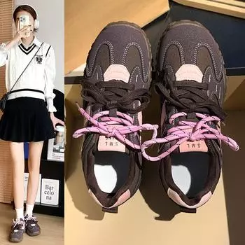 2024 Autumn New Casual Sports Shoes Women s Fashion Round Toe Lace-up Splicing Soft Sole Anti-Slip Wear-Resistant Single Shoes 35 бежевый