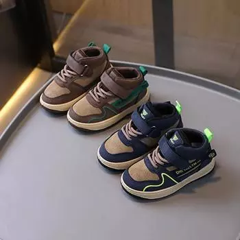 2024 Autumn New Child Sneakers High Top Fashion Comfort Boy Shoe Versatile Trendy Casual Shoes Basketball Sports Kid Canvas Shoe 21insole14cm коричневый