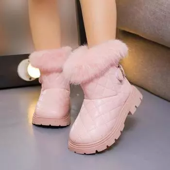 2024 Autumn New Children s Snow Boots for Girls Elegant Plush Solid Color Korean Style Pink Beige Black Rhinestones Kids Boots 26 бежевый