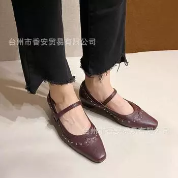 2024 autumn new European and American large size square heel casual fashion versatile temperament foreign trade low heel shallow mouth single shoes 34 чёрный