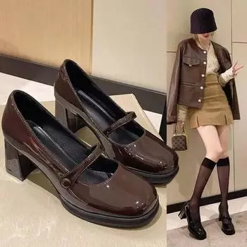 2024 autumn new fashion and comfortable women s square head high heels shallow mouth single shoes 35 темно-коричневого