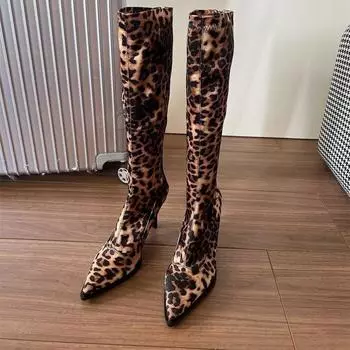 2024 autumn new fashion high heel leopard print pointed fashion boots women s sexy thin heel elastic large size knight boots 35 цветной печати леопарда
