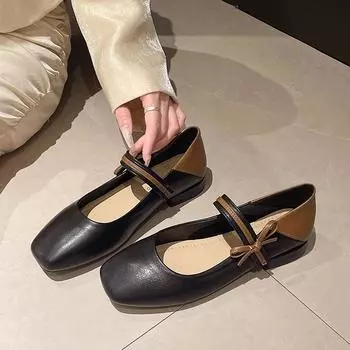 2024 Autumn New Fashion High Heels Handmade Bow Large Size Versatile Shoes Women s Thick Soled Low Heel Soft Soled Shoes 35 бежевый