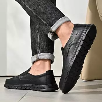 2024 autumn new foreign trade hot-selling men s leather hand-sewn outdoor leisure lazy one-pedal Doudou shoes 38 чёрный