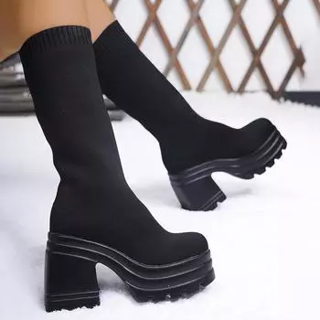 2024 autumn new foreign trade large size casual versatile temperament comfortable thick heel knitted solid color retro medium tube fashion boots 35 чёрный