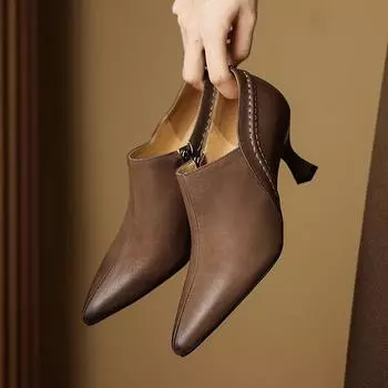 2024 Autumn New Genuine Leather Women Shoes LEISURE Women Slip-On Pumps High Heels Pointed Toe Heels Shoes Office Ladies Shoes 34 чёрный