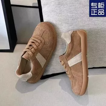 2024 autumn new German training shoes retro flat-bottomed casual sports women s shoes versatile fashion little white shoes lace-up women s shoes 35 бежевый