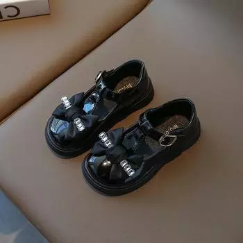 2024 Autumn New Girls Casual Leather Shoes Korean Style Bow Cute Princess Soft Sole T-Strap Fashion Kids Casual Mary Janes PU 26 чёрный
