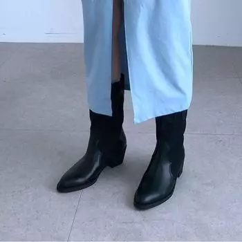 2024 autumn new Internet celebrity pointed splicing medium boots high heel sleeve western western women s boots 35 абрикосовый