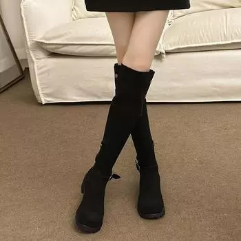 2024 осень новая корейская версия толстый каблук ремень пряжка сапоги женские фланцевые два износа модные рыцарские сапоги на среднем каблуке 35 чёрный