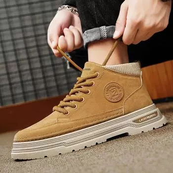 2024 Autumn New Men Leather Boots Street British Style High Tops Leather Casual Shoes Man Outdoor Work Ankle Boots 39 чёрный