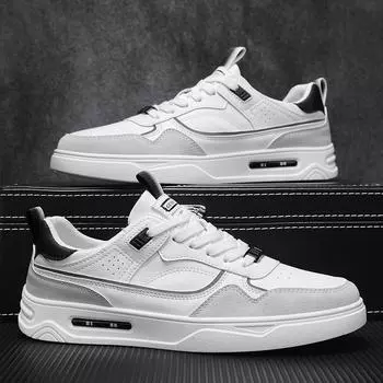 2024 Autumn New Men Leather Casual Shoes Fashion Cool Patchwork White Flat Skateboard Shoes Man Leather Sneakers 39 бежевый