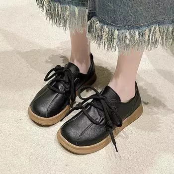 2024 autumn new retro casual round head small single shoes flat-soled muffin soft leather lace-up not tired foot loafers women 35 чёрный