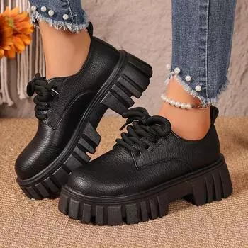 2024 autumn new thick-soled front lace-up solid color light mouth round head large size women s fashion style small leather shoes 35 чёрный