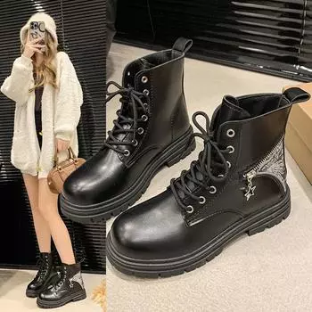 2024 Autumn New Thick-soled Women s Thick-soled Ankle Boots Punk Metal Zipper Design Women s Short Fashion Boots 35 чёрный