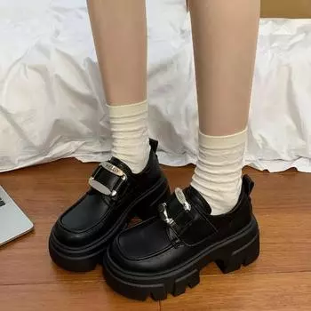 2024 Autumn New Thick Soled Women s Loafers Designer Medium Heel Walking Dress British Style Fashion Casual Women s Shoes 35 бежевый