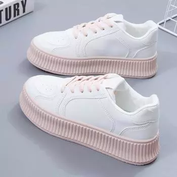 2024 Autumn New Women s Board Shoes Thick Sole Leather Small White Shoes Women s Casual Shoes Student Breathable Running Shoes 35 бежевый