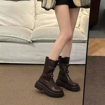 2024 Autumn New Women s Sleeve Thick-soled Buckle Decorated Retro Slim Women s Round Toe Short Fashion Boots 35 чёрный