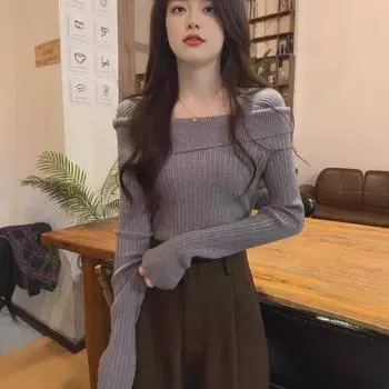 2024 Autumn One-Shoulder Slim Lapel Sweater – High-End Niche Design for Trendy Look Large абрикосовый