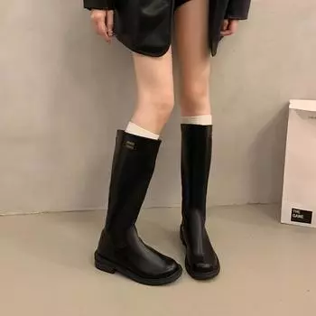 2024 Autumn Retro But Knee Boots Flat Bottom Back Zipper Knight Boots Skinny Letter Round Head Skinny Boots Women 35 коричневый