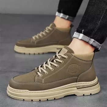 2024 Autumn Shoes for Men Ankle Boots Fashion High Tops Leather Casual Shoes Street Cool Motorcycle Boots 39 хаки