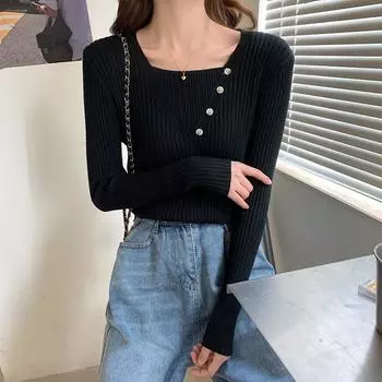 2024 Осень-зима Базовый свитер с поддельным низом из двух частей Верхняя часть Женская ребристая мягкая воротничок Эластичный пуловер однотонный тонкий джемпер свитера one size чёрный