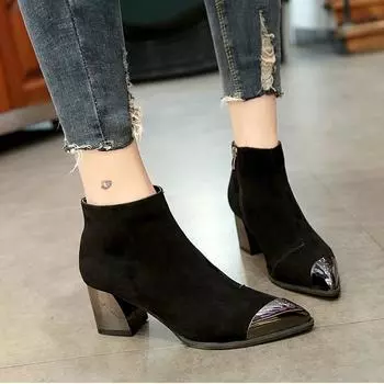 2024 Autumn Winter Boots Metal Toe Pointy Mid High Heels Short Boots Shoes Women Pumps Side Zipper thu89 3 чёрный