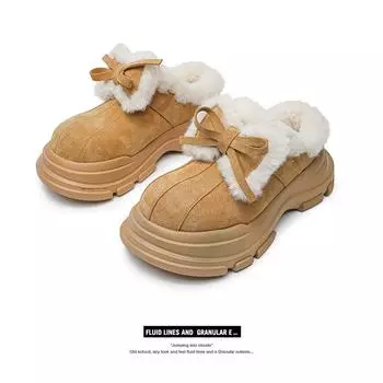 2024 Autumn/Winter Cute Velvet Bowknot Slip-On Thick-Soled Cotton Couple Snow Shoes 40
