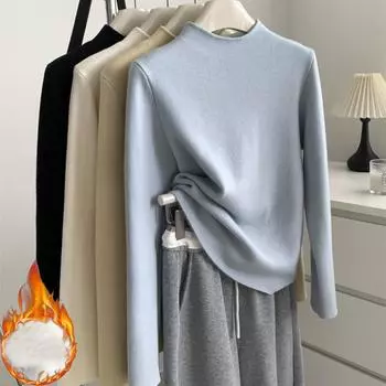 2024 Autumn, Winter,fleece sweaters,Women Long Sleeve sweater, Thick, Warm, Velvet, Half Turtleneck, Bottoming Pullover, Casual slim solid top, one size чёрный