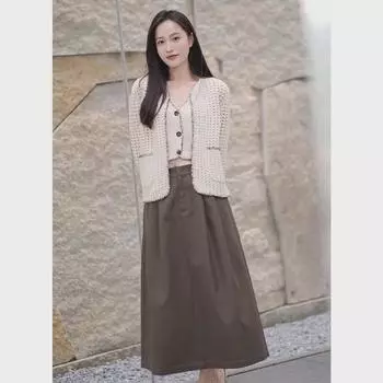 2024 Autumn/Winter French Retro Knit A-Line Long Skirt - Women s Casual Slim Fit Medium чёрный