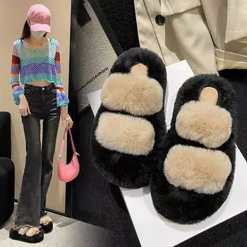 2024 Осень/Зима Новые Повседневные Универсальные Ленивые Хлопковые Тапочки Ленивый Стиль Толстая Подошва Плюшевые Тапочки для Женщин 35 чёрный