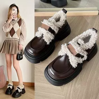 2024 Осень/Зима Новые Женские Туфли Из Плюшевой Толстой Подошвы Из Ягненка На Толстом Каблуке В Английском Стиле, Маленькие Туфли Из Плюшевой Кожи Одиночные Туфли 36 чёрный