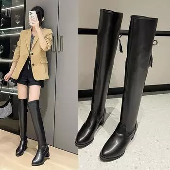 2024 Осень/Зима Новые тонкие сапоги Теплые остроносые сапоги на высоком каблуке из мягкой кожи с эластичной резинкой длиной до колена для женщин 35 чёрный