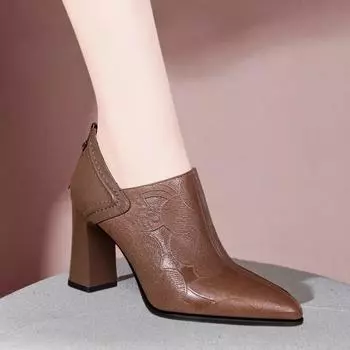 2024 Осень/Зима Новые универсальные сапоги на толстом каблуке и ботильоны Туфли на высоком каблуке Маленькие кожаные туфли Острые сапоги на среднем каблуке 35 чёрный