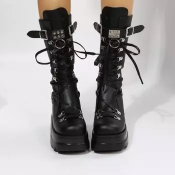 2024 Autumn Winter New Women Boots Platform Wedges High Heels Boots Women Casual Comfortable Retro Gothic Shoes for Women 35 чёрный