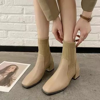 2024 Autumn/Winter New Women s Casual Shoes Coarse Heel Square Head Korean Edition Medium Knitted Elastic Woolen Boots 35 чёрный