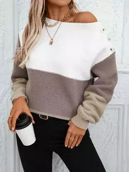 2024 Autumn/Winter New Women s Elegant Color Blocked Knitted Hoodie Casual Loose One Shoulder Button Spliced Knitted Hoodie S коричневый