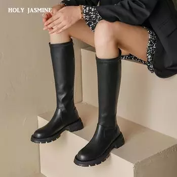 2024 Autumn Winter New Women s High Boots Genuine Leather Zipper Round Toe Women Boots Thick Heel Knee-High Black Women Shoes 4 чёрный