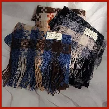 2024 Autumn/Winter New Women S Mosaic Grid Thickened And Extended Warm Scarf With Contrast Color, High Grade Tassel Versatile Scarf And Shawl 200*40cm