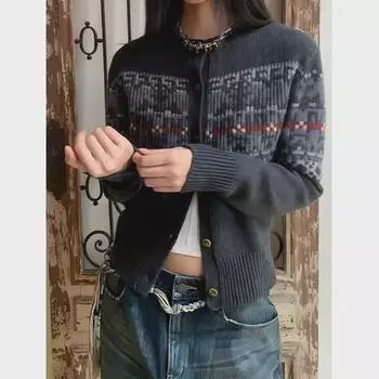 2024 Autumn/Winter Retro Gray Cashmere Jacquard Wool Cardigan Sweater - Women s Round Neck Small