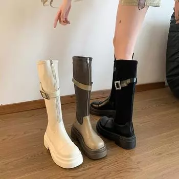 2024 Autumn/Winter Small Man Belt Buckle Round Head Thick Sole High Rider Motorcycle Boots Woman 35 хаки