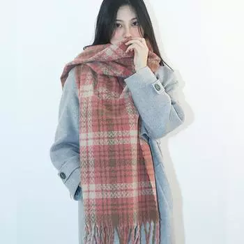 2024 Autumn/Winter Women S Raspberry Pink Checkered Scarf With Ancient Grid Pattern And Tassel Scarf For Warmth, Extension, Versatile Big Neck 200*68CM
