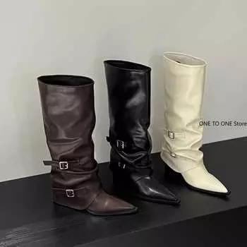 2024 Autumn Women s boots Knee High Boots Western Round Toe Long Boots Women Western Shoes Chunky Heel Platform Boot Women D226 35 чёрный