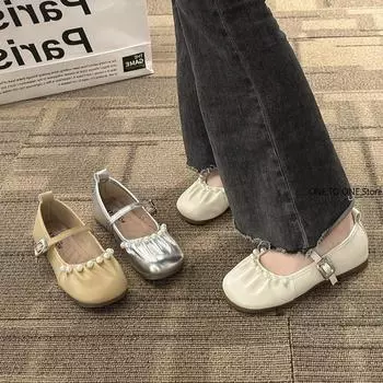 Женские туфли на плоской подошве осень 2024 года, модные плиссированные туфли с круглым носком, закрытые, с жемчужным принтом, балетки на плоской подошве, туфли Мэри Джейн 35