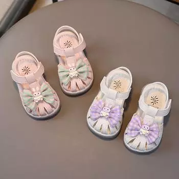 2024 Baby Girl s First Walker Shoes Summer New Breathable Hollow Bow Cute Cartoon Bunny Doll Anti-slip Cut Princess Flats Casual 16 розовый