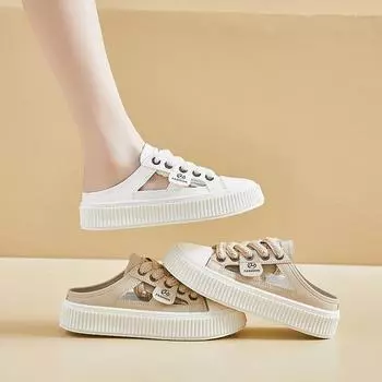 2024 Baotou Half Slippers Маленькие белые туфли Женские полые дышащие студенческие туфли на платформе Универсальные повседневные туфли Кроссовки 35 бежевый