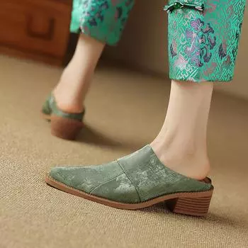 2024 Baotou Half Slippers женские маленькие остроносые квадратные каблуки на высоком каблуке крутые тапочки модная верхняя одежда толстый каблук Lazy Muller 34 светло-зеленый
