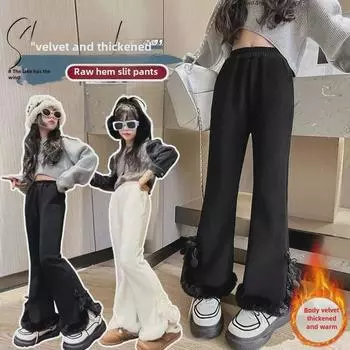 2024 Бархатные брюки-клеш для девочек с разрезом - Ретро-брюки с широкими штанинами для детей 110 cm абрикосовый