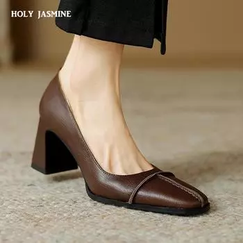 2024 Базовые женские туфли-лодочки Весна Лето Толстые высокие каблуки Натуральная кожа Квадратный носок Офисные туфли для взрослых леди Рабочая обувь Женские туфли-лодочки 34 чёрный